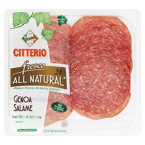 Citterio Fresco Genoa Salame, 4 oz
Premium Italian-Style Genoa Salame

All natural*
*Minimally processed. No artificial ingredients.

Genoa Salame is made from the finest selection of fresh, whole muscle pork combined with fresh cracked pepper and a distinct selection of premium natural spices. This savory mixture is then gently stuffed into a casing for an intentional unhurried aging process.