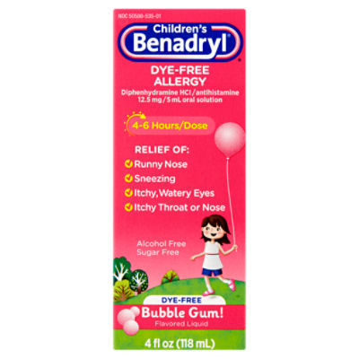 Benadryl Children's Dye-Free Allergy Bubble Gum! Flavored Liquid, 12.5 mg / 5 ml, 4 fl oz