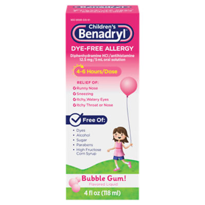 Benadryl Children's Dye-Free Allergy Bubble Gum! Flavored Liquid, 12.5 mg / 5 ml, 4 fl oz, 4 Fluid ounce