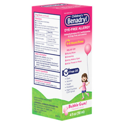 Benadryl Children's Dye-Free Allergy Bubble Gum! Flavored Liquid, 4 fl oz Image 8 of 10