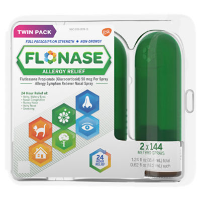 Flonase Allergy Relief Nasal Spray, 24 Hour Non Drowsy Allergy Medicine - 144 Sprays (Pack of 2)