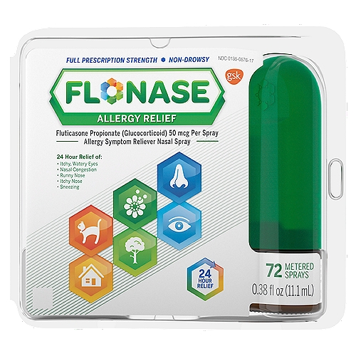 Flonase Allergy Relief Nasal Spray, 24 Hour Non Drowsy Allergy Medicine, Metered Spray - 72 Sprays
• One 72-spray bottle of Flonase Allergy Relief Nasal Spray, 24 Hour Non Drowsy Allergy Medicine, Metered Nasal Spray, stops your body from overreacting to allergens
• Containing the most prescribed allergy medicine**, Flonase relieves runny nose, sneezing, itchy nose and watery, itchy eyes, while also providing nasal congestion relief
• Allergy nasal spray that provides 24 hour all-in-one relief for even your worst seasonal, year-round, indoor and outdoor allergy symptoms
• 24 hour allergy medicine that delivers prescription-strength non-drowsy relief all day and night
• Easy to use allergy relief nasal spray formulated for adults and children 12 years of age and older
• Only one to two sprays daily in each nostril provide powerful, non-drowsy relief that lasts
• Use up to two sprays in each nostril daily

Allergy Symptom Reliever Nasal Spray

Drug Facts
Active ingredient (in each spray) - Purpose
Fluticasone propionate (glucocorticoid) 50 mcg - Allergy symptom reliever

Uses
Temporarily relieves these symptoms of hay fever or other upper respiratory allergies:
• nasal congestion
• runny nose
• sneezing
• itchy nose
• itchy, watery eyes