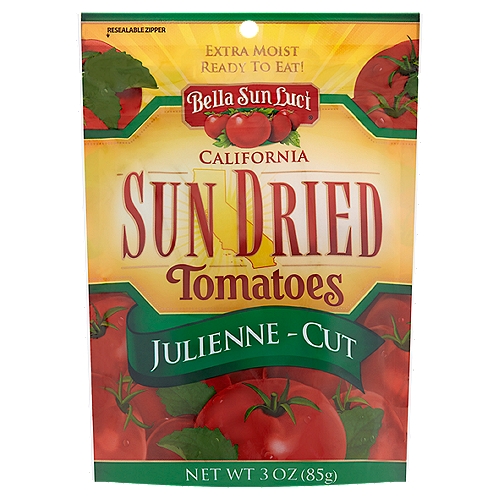 Bella Sun Luci Julienne - Cut California Sun Dried Tomatoes, 3 oz
Women Owned™

Sun Dried Tomatoes - Lycopene is an antioxidant that fights free radicals - Each serving contains 1,239 mcg of lycopene. Add robust flavor to your favorite recipe or simply enjoy as a fat free snack.
