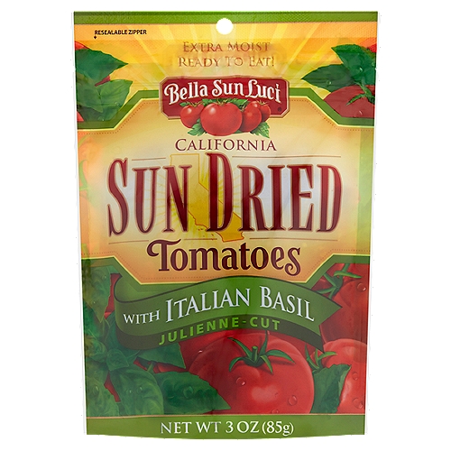 Bella Sun Luci Julienne - Cut California Sun Dried Tomatoes with Italian Basil, 3 oz
Sun Dried Tomatoes - Lycopene is an antioxidant that fights free radicals - Each serving contains 1,239 mcg of Lycopene. Add robust flavor to your favorite recipe or simply enjoy as a fat free snack.