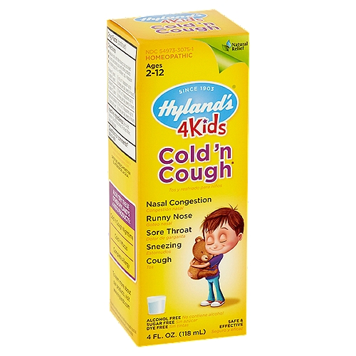 Hyland's 4 Kids Cold 'n Cough Liquid, Ages 2-12, 4 fl oz
Cold 'n Cough*
*The uses for our products are based on traditional homeopathic practice. They have not been reviewed by the Food and Drug Administration.

Hyland's 4 Kids Cold 'n Cough provides natural relief of common cold symptoms in children including coughing, sneezing, sore throat, runny nose, and nasal and chest congestion.

Our formulas are always:
Safe & effective
Made with natural active ingredients
Free of artificial colors and flavors
Free of stimulant side effects

Uses
Temporarily relieves the symptoms of the common cold including nasal and chest congestion, runny nose, sore throat, sneezing, and cough.

Drug Facts
Active ingredients - Purpose
Allium Cepa 6X HPUS - watery/runny nose, cold, hacking cough, painful throat
Hepar Sulph Calc 12X HPUS - cold, sneezing
Hydrastis 6X HPUS - rattling/tickling cough, sinus congestion, dry/raw/sore throat
Natrum Muriaticum 6X HPUS - dry cough, sore throat
Phosphorus 12X HPUS - hoarse/dry cough, nasal congestion, chest congestion
Pulsatilla 6X HPUS - moist cough, cold, nasal congestion
Sulphur 12X HPUS - chest congestion, nasal congestion, sneezing, runny nose
''HPUS'' indicates that the active ingredients are in the official Homeopathic Pharmacopœia of the United States.