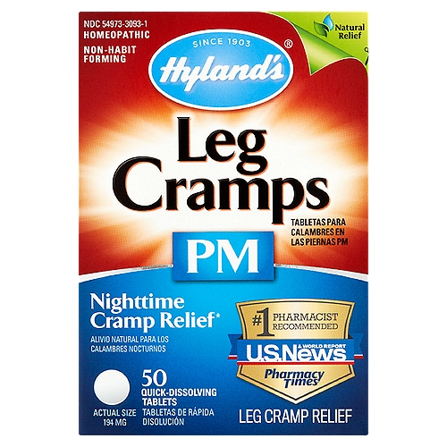 Hyland's Nighttime Leg Cramp Relief PM Quick-Dissolving Tablets, 194 mg, 50 count
Nighttime cramp relief*
*The uses for our products are based on traditional homeopathic practice. They have not been reviewed by the Food and Drug Administration.

Uses
Temporarily relieves the symptoms of pain and cramps in lower body, legs, calves, feet and toes with accompanying occasional sleeplessness and disrupted sleep.

Drug Facts
Active ingredients - Purpose
Calcarea carbonica 12X HPUS - cramps in legs, calves, feet and toes
Causticum 12X HPUS - occasional nocturnal sleeplessness
Chamomilla 6X HPUS - occasional sleeplessness
Cinchona officinalis 3X HPUS - pain in limbs and joints; cramping in legs
Cuprum metallicum 12X HPUS - cramps of limbs, charley horse cramps
Lycopodium 12X HPUS - disturbed, restless sleep
Magnesia phosphorica 6X HPUS - muscle cramps
Rhus toxicodendron 6X HPUS - pain and stiffness
Silicea 12X HPUS - not being able to sleep again after waking
Sulphur 6X HPUS - occasional sleeplessness, frequent waking during night
“HPUS'' indicates that the active ingredients are in the official Homeopathic Pharmacopoeia of the United States.