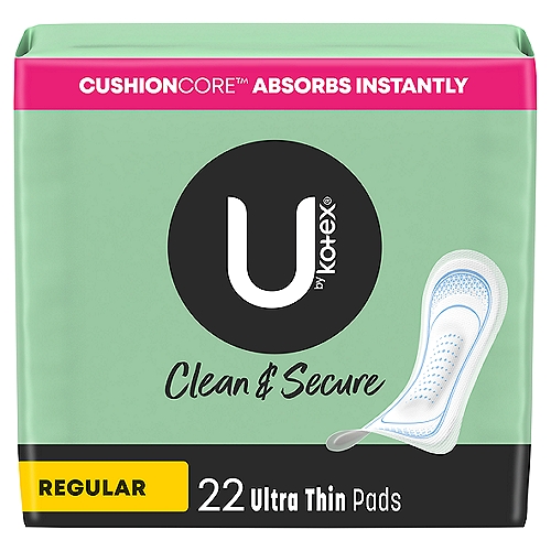 U by Kotex Clean & Secure Ultra Thin Pads are the same trusted product you love, now with a new look! Offering up to 100% leak-free protection for up to 10 hours, these feminine pads are hypoallergenic and contain no harsh ingredients. They're also free of fragrances, pesticides and elemental chlorine. U by Kotex feminine products are FSA/HSA/HRA-eligible in the US. Packaging may vary from images shown. (*U by Kotex Clean & Secure Ultra Thin Regular Absorbency vs. the Leading Foam Pad Size 1)