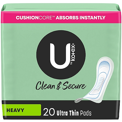 Kotex Clean & Secure Ult Thn Heavy Ultra Thin Pads, 20 countnThe U by Kotex Clean & Secure Ultra Thin Feminine Pads are designed for you so you can focus on your day, not on your period. Offering up to 100% leak-free protection for up to 10 hours, these women's pads boast an elevated CushionCore that fits close to the body and absorbs instantly. A cottony, soft-touch cover on these period pads add extra comfort. U by Kotex Clean & Secure Ultra Thin menstrual pads are hypoallergenic, dermatologist-tested and contain no harsh ingredients. They're also made without fragrances, lotions, elemental chlorine, pesticides and natural rubber latex. For all-night protection in any sleep position, try U by Kotex Clean & Secure Ultra Thin Overnight Pads with Wings and get up to 12 hours of overnight protection. U by Kotex feminine products are FSA/HSA/HRA-eligible in the US. Packaging may vary from images shown.