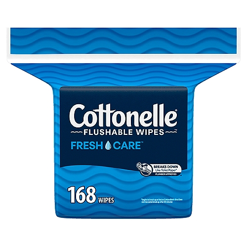 Cottonelle Flushable Wipes Refill Pack, 168 count
Freshen up with hypoallergenic and plastic-free Cottonelle Fresh Care Flushable Wet Wipes, the #1 septic-safe wipes brand* and official wipes of pipes. With Cottonelle Fresh Care Flushable Wet Wipes, you get 1 pack of 168 adult wipes, so you have plenty of body wipes for you and your loved ones. And you can count on keeping those pipes unclogged—our flushable travel wipes break down like toilet paper** and 4x faster*** than other flushable wipes. Plus, Cottonelle Flushable Wipes are compliant with IWSFG 2020, designed for toilets and tested with plumbers. Our wipes are even free of parabens, alcohol and MIT and have no harsh chemicals, dyes or plastic fibers, so your comfort is truly worry-free. Get more out of a wipe that's safe for sensitive skin and washes away odor-causing mess by using with Cottonelle Toilet Paper for the ultimate in fresh and clean feeling‡! Wondering if our bathroom flushable wipes are sustainable? Good news! Our eco-friendly‡‡ plastic-free flushable wipes use 100% biodegradable fibers and meet strict standards to protect forests and the animals and people that depend on them, so you can feel ahhh-mazing whenever you buy Cottonelle. *among national brands **loses majority of strength within 30 minutes of flushing ***vs. national leading brands based on strength loss testing ‡using dry + moist together vs. dry alone ‡‡Fibers 100% biodegradable 