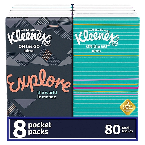 Kleenex On-­the-­Go Ultra Facial Tissues, 10 count, 8 pack
Dinner for two? Hiking adventure? The sniffles can happen anywhere. Stay prepared with Kleenex On-the-Go Facial Tissues. Whether you're traveling solo or bringing friends along, with Kleenex On-the-Go Facial Tissues, you get 8 packs of 10 tissues, so you have plenty of travel-sized face tissues for any occasion. Our soft, durable, thick 3-layer facial tissues in a convenient travel pack—small enough to fit in pockets, purses, backpacks or travel bags—are ultra-absorbent for runny noses and watery eyes to help you stay prepared wherever you are. Plus, you can find one of these Kleenex travel tissue packs that fits the occasion because each pack of tissues is available in various colors and designs. Got the sniffles? Soothe that runny nose with a box of Kleenex Soothing Lotion or Kleenex Ultra Soft facial tissues. 