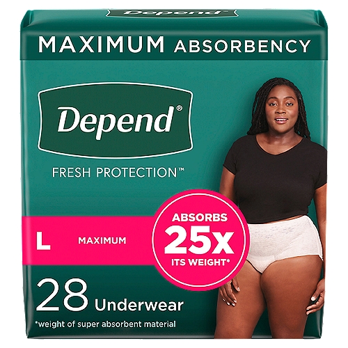 Depend Fit-Flex Maximum Absorbency Underwear, L, 28 count
Depend Fit-Flex Women's Incontinence Underwear is extremely soft, yet strong and keeps you protected from bladder leaks with DryShield Technology, providing you all day comfort, guaranteed.* Absorbent material instantly locks in wetness and odors, providing long lasting dryness and a more comfortable** experience. Designed with the SureFit waistband to help keep it in place and form-fitting elastic strands to provide a discreet fit under clothing, unlike bulky adult diapers. This disposable underwear is available in a beautiful blush color and three feminine designs. Unscented underwear is soft, quiet and breathable. Depend FIT-FLEX for Women with Maximum Absorbency is available in five sizes: size small (24-30'' waist), size medium (31-37'' waist), size large (38-44'' waist), size extra-large (45-54'' waist), size extra-extra-large (55-64'' waist). HSA/FSA-eligible in the U.S. *If you're not completely satisfied with the fit of your Depend, we can help. Purchase by 3/31/22. Mail in by 4/30/22. Online access required. Limit 1 per household. Original receipt/UPC required. Restrictions apply. See Depend website for details.**vs. the leading bargain brand