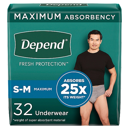 Depend Fit-Flex Maximum Underwear, S-M, 32 count
Depend Fit-Flex Men's Incontinence Underwear keeps you protected from bladder leaks with DryShield Technology, providing you all day comfort, guaranteed.* Absorbent material instantly locks in wetness and odors, providing long lasting dryness and a more comfortable** experience. Designed with the SureFit waistband to help keep it in place and form-fitting elastic strands to provide a discreet fit under clothing, unlike bulky adult diapers. This disposable underwear is available in a masculine grey color. Unscented underwear is soft, quiet and breathable. Depend FIT-FLEX for Men with Maximum Absorbency is available in four sizes: size small/medium (26-34'' waist), size large (35-43'' waist), size extra-large (44-54'' waist), size extra-extra large (55-64'' waist). HSA/FSA-eligible in the U.S. *If you're not completely satisfied with the fit of your Depend, we can help. Purchase by 3/31/22. Mail in by 4/30/22. Online access required. Limit 1 per household. Original receipt/UPC required. Restrictions apply. See Depend website for details.**vs. the leading bargain brand