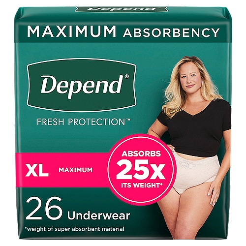 Depend Fit-Flex Maximum Underwear, XL, 26 count
Depend Fit-Flex Women's Incontinence Underwear is extremely soft, yet strong and keeps you protected from bladder leaks with DryShield Technology, providing you all day comfort, guaranteed.* Absorbent material instantly locks in wetness and odors, providing long lasting dryness and a more comfortable** experience. Designed with the SureFit waistband to help keep it in place and form-fitting elastic strands to provide a discreet fit under clothing, unlike bulky adult diapers. This disposable underwear is available in a beautiful blush color and three feminine designs. Unscented underwear is soft, quiet and breathable. Depend FIT-FLEX for Women with Maximum Absorbency is available in five sizes: size small (24-30'' waist), size medium (31-37'' waist), size large (38-44'' waist), size extra-large (45-54'' waist), size extra-extra-large (55-64'' waist). HSA/FSA-eligible in the U.S. *If you're not completely satisfied with the fit of your Depend, we can help. Purchase by 3/31/22. Mail in by 4/30/22. Online access required. Limit 1 per household. Original receipt/UPC required. Restrictions apply. See Depend website for details.**vs. the leading bargain brand