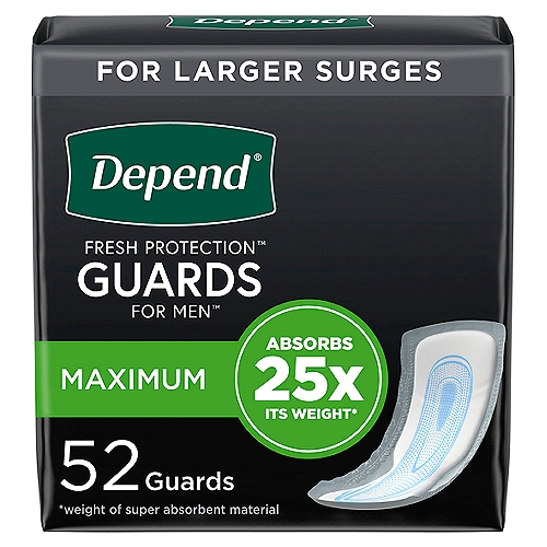 Men deserve an incontinence pad designed specifically for their bodies with protection that fits their lifestyle. Depend Guards offer maximum absorbency to protect against larger bladder leaks and surges of wetness. Designed with a cup-like shape to fit a man's body, these incontinence pads have a strong adhesive to fit securely in your briefs or boxer briefs for discreet protection. Guards also feature a super absorbent core that absorbs 25x its weight and turns liquid into gel, neutralizing odors and locking in wetness to keep you protected. Our liner technology wicks wetness away from your skin to keep you comfortable and dry. Each incontinence pad comes individually wrapped in a discreet, pocket-sized pouch for easy carrying and disposal. To use, peel off the paper strip and make sure the arrow faces up before placing within your underwear. Depend Guards for Men are one-size-fits-all and are unscented. Some more good news: This incontinence product is HSA/FSA-eligible in the U.S.