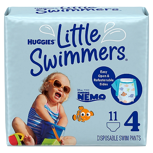 Made with unique absorbent material that won't swell in water like regular diapers, Huggies Little Swimmers give your baby a comfortable fit wet or dry. The Double Leak Guards fit snugly to help contain messes and offer secure protection in the water. They also contain no harsh ingredients and are free of fragrances, lotions, parabens, elemental chlorine and natural rubber latex. Huggies Little Swimmers come in exclusive Disney·Pixar Finding Nemo designs that are as cute as your baby!