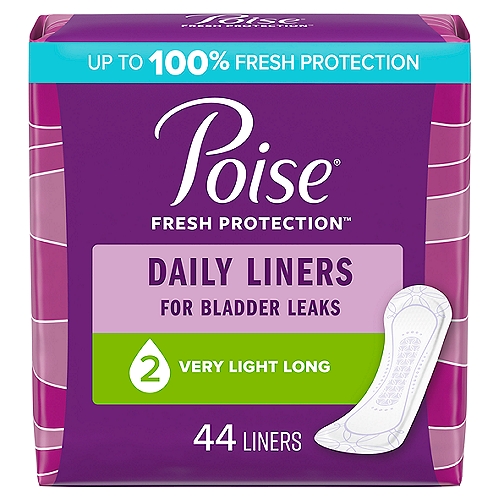 Poise Very Light Long Length Daily Liners, 44 count
Poise Daily Incontinence Panty Liners are specifically designed for light bladder leaks and offers the Poise trusted 3-in-1 protection for dryness, comfort and odor control. These bladder control liners have an absorb-loc core that quickly locks away wetness and odor with a CleanFresh layer to help keep you 10x drier than the leading period liner. Trust the protection of Poise for your bladder control or postpartum bladder leakage needs to stay confident throughout the day. Poise adult incontinence products are FSA/HSA-eligible in the U.S. Packaging may vary from images shown.