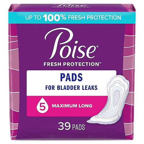 Poise Maximum Long Length Pads, 39 count
With trusted 3-in-1 protection for dryness, comfort and odor control, Poise Women's Incontinence Pads absorb urine instantly keeping you protected from bladder leaks, day or night. To ensure you have both the comfort and coverage you need, the pad features a ContourFit Design - it softly curves in the middle and then is wider in the front and back, allowing the pad to uniquely fit to your body and prevent bunching as you move. Poise pads are designed specifically for bladder leakage making them an ideal form of protection for incontinence or as a postpartum or maternity pad, rather than using a period pad. Poise pads provide up to 12 hours of protection and are available in multiple absorbencies and lengths for your unique protection - light (ideal for bursts, regular length: 9.4'', long length: 11.0'') , moderate (ideal for surges, regular length: 10.6'', long length: 12.2''), maximum (ideal for streams, regular length: 12.2'', long length: 14.1''), ultimate (ideal for gushes, regular length: 14.1'', long length: 15.9'') and overnight (ideal for gushes, 15.9''). Pads are individually wrapped to easily and discreetly slip into a purse or bag. Poise adult incontinence products are HSA/FSA-eligible in the U.S.