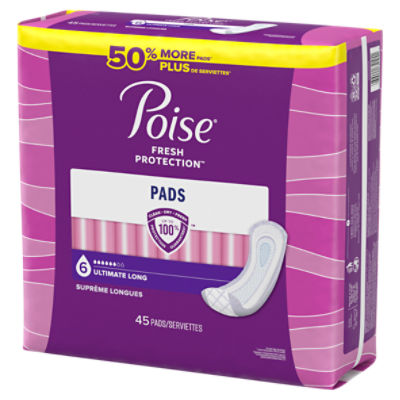 Poise Incontinence Pads for Women, 6 Drop, Ultimate Absorbency, Long, 45Ct,  45 Pads 
