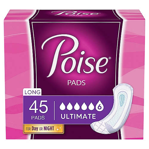 Poise Postpartum Incontinence Pads, Ultimate Absorbency, Long, Original Design, 45 Count
With trusted 3-in-1 protection for dryness, comfort and odor control, Poise Women's Incontinence Pads absorb urine instantly keeping you protected from bladder leaks, day or night. Poise ultimate absorbency pads in long length feature the original design with leak-block sides, and is wide from front to back to give you protection where you need it most. These pads are designed specifically for bladder leakage making them an ideal form of protection for incontinence or as a postpartum or maternity pad, rather than using a period pad. Poise pads provide up to 12 hours of protection and are available in multiple absorbencies and lengths for your unique protection - light (ideal for bursts, regular length: 9.4'', long length: 11.0''), moderate (ideal for surges, regular length: 10.6'', long length: 12.2''), maximum (ideal for streams, regular length: 12.2'', long length: 14.1''), ultimate (ideal for gushes, regular length: 14.1'', long length: 15.9'') and overnight (ideal for gushes, 15.9''). Pads are individually wrapped to easily and discreetly slip into a purse or bag. Poise adult incontinence products are HSA/FSA-eligible in the U.S.

50% More Pads†
†Compared to 27ct Ultimate Long Convenience Pack

Trusted 3-in-1 Protection
1. Comfort - Dry-Touch® layer for your comfort
2. Dryness - Leak-block™ sides keep you dry and protected
3. Odor Control - Absorb-loc® core quickly locks away wetness and odor