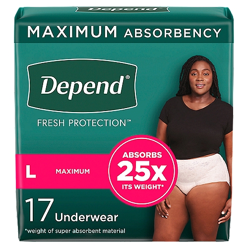 Depend Fit-Flex Maximum Beautiful Blush Color and designs Underwear, L, 17 count
Depend Fit-Flex Women's Incontinence Underwear is extremely soft, yet strong and keeps you protected from bladder leaks with DryShield Technology, providing you all day comfort, guaranteed.* Absorbent material instantly locks in wetness and odors, providing long lasting dryness and a more comfortable** experience. Designed with the SureFit waistband to help keep it in place and form-fitting elastic strands to provide a discreet fit under clothing, unlike bulky adult diapers. This disposable underwear is available in a beautiful blush color and three feminine designs. Unscented underwear is soft, quiet and breathable. Depend FIT-FLEX for Women with Maximum Absorbency is available in five sizes: (24-30'' waist), size medium (31-37'' waist), size large (38-44'' waist), size extra-large (45-54'' waist), size extra-extra-large (55-64'' waist). HSA/FSA-eligible in the U.S. *If you're not completely satisfied with the fit of your Depend, we can help. Purchase by 3/31/22. Mail in by 4/30/22. Online access required. Limit 1 per household. Original receipt/UPC required. Restrictions apply. See Depend website for details.**vs. the leading bargain brand