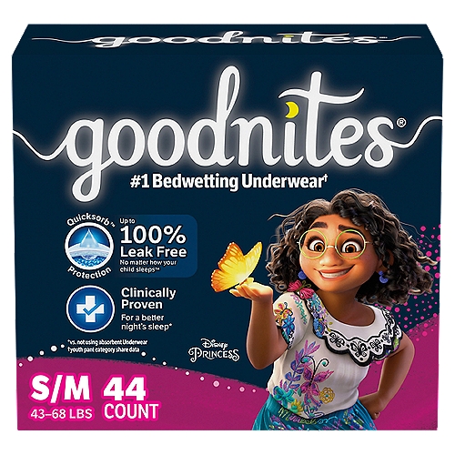 goodnites Nighttime Girls Underwear, Fits Sizes 6-8 S/M, 43-68 lbs, 44 count
Keep your child dry and worry free with the #1 Nighttime Underwear* for bedwetting. Goodnites provide our best fit and protection guaranteed** for kids age 3 and up. These disposable bedwetting pants feature 5 Layer Protection to absorb & lock away wetness and reinforced, Double Leg Barriers to help eliminate leaks. Our most comfortable nighttime protection, Goodnites also feature a super stretchy waistband for an underwear like fit that accommodates all body shapes. Unlike training pants, Goodnites bedwetting underwear discreetly absorb odor and offer 40% more protection vs. the leading training pant. Plus, your child will love going to bed wearing her favorite Disney princess designs. Goodnites Girls' Bedwetting Underwear offer more sizes for a comfortable, tailored fit up to 140+ lb. and are available in Size XS (28-43 lb.), S/M (43-68 lb.), L (68-95 lb.), and XL (95-140+ lb.). FSA/HSA-eligible in the U.S. (*Youth Pant category share data) (**See Goodnites website for details)