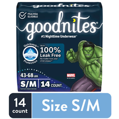 Goodnites Boys Nighttime Underwear, Sizes 6-8, S/M, 43-68 lbs, 14 Count, 14 Each