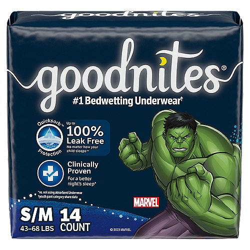 Goodnites Boys' Nighttime Bedwetting Underwear, S/M (43-68 lb.), 14 Ct
Keep your child dry and worry free with the #1 Nighttime Underwear* for bedwetting. Goodnites provide our best fit and protection guaranteed** for kids age 3 and up. These disposable bedwetting pants feature 5 Layer Protection to absorb & lock away wetness and reinforced, Double Leg Barriers to help eliminate leaks. Our most comfortable nighttime protection, Goodnites also feature a super stretchy waistband for an underwear like fit that accommodates all body shapes. Unlike training pants, Goodnites bedwetting underwear discreetly absorb odor and offer 40% more protection vs. the leading training pant. Plus, your child will love going to bed wearing his favorite Marvel superhero designs. Goodnites Boys' Bedwetting Underwear offer more sizes for a comfortable, tailored fit up to 140+ lb. and are available in Size XS (28-43 lb.), S/M (43-68 lb.), L (68-95 lb.), and XL (95-140+ lb.) FSA/HSA-eligible in the U.S. (*Youth Pant category share data) (**See Goodnites website for details)