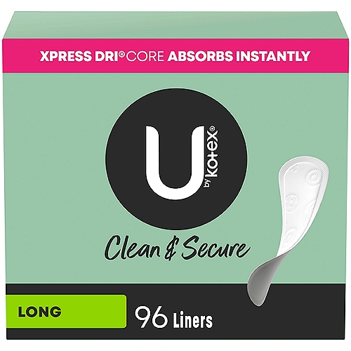 U by Kotex Security Lightdays Long Daily Liners, 96 count
Absorbs in Seconds with Xpress Dri®

Soft, Breathable* and Gentle on skin, Free of pesticides, elemental chlorine and Made without perfume
*breathable topsheet

Unique Xpress Dri® technology
Absorbs in seconds for a clean, dry feeling

Your body, Your Rules.™
Ingredient Transparency to Choose Products on Your Terms.
Every Single Ingredient Is Reviewed and Approved by Our Board-Certified Safety Experts.

Pick your Perfect Protection
Regular, Long, Extra Coverage