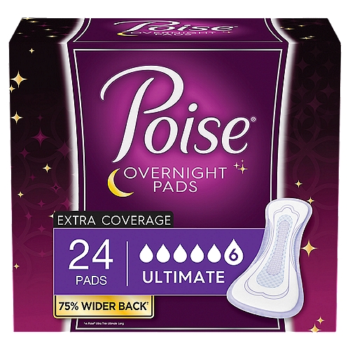 Poise Ultimate Extra Coverage Overnight Pads, 24 count
With trusted 3-in-1 protection for dryness, comfort and odor control, Poise Women's Overnight Incontinence Pads absorb urine instantly keeping you protected from bladder leaks at nighttime. To ensure you have both the comfort and coverage you need, Poise's most absorbent pad has a 75% wider back* for extra coverage while lying down. Poise pads provide up to 12 hours of protection and are available in multiple absorbencies and lengths for your unique protection - light (ideal for bursts, regular length: 9.4'', long length: 11.0''), moderate (ideal for surges, regular length: 10.6'', long length: 12.2''), maximum (ideal for streams, regular length: 12.2'', long length: 14.1''), ultimate (ideal for gushes, regular length: 14.1'', long length: 15.9'') and overnight (ideal for gushes, 15.9''). Pads are individually wrapped to easily and discreetly slip into a purse or bag. Poise adult incontinence products are HSA/FSA-eligible in the U.S.*vs. Poise Ultra Thin Ultimate Long Pads
