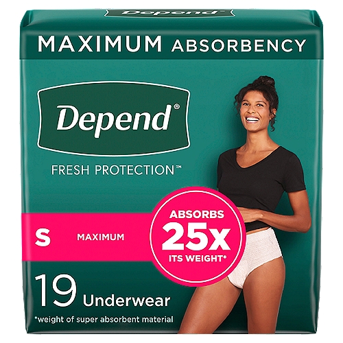 Depend Fit-Flex Maximum Absorbency Underwear, S, 19 count
Depend Fit-Flex Women's Incontinence Underwear is extremely soft, yet strong and keeps you protected from bladder leaks with DryShield Technology, providing you all day comfort, guaranteed.* Absorbent material instantly locks in wetness and odors, providing long lasting dryness and a more comfortable** experience. Designed with the SureFit waistband to help keep it in place and form-fitting elastic strands to provide a discreet fit under clothing, unlike bulky adult diapers. This disposable underwear is available in a beautiful blush color and three feminine designs. Unscented underwear is soft, quiet and breathable. Depend FIT-FLEX for Women with Maximum Absorbency is available in five sizes: (24-30'' waist), size medium (31-37'' waist), size large (38-44'' waist), size extra-large (45-54'' waist), size extra-extra-large (55-64'' waist). HSA/FSA-eligible in the U.S. *If you're not completely satisfied with the fit of your Depend Underwear, we can help. Original receipt/UPC required. Restrictions apply. See Depend website for details. Purchase by 12/31/24. Mail in by 1/31/25.**vs. the leading bargain brand