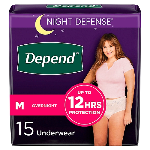 Depend Night Defense Underwear for Women, M, 15 count
Sleep through the night with Depend Night Defense Women's Incontinence Overnight Underwear with DryShield Technology, providing you all-night comfort, guaranteed.* Featuring a beautiful color and three feminine designs, this disposable underwear is ideal for bladder incontinence for nighttime use, with up to 12 hours of protection. Extremely soft, yet strong, material instantly locks in wetness and odors, helping to keep you dry and worry-free through the night. A comfortable, underwear-like fit - it is designed with the SureFit waistband to keep underwear in place and the form-fitting elastic strands provide a smooth, discreet fit under pajamas, unlike bulky overnight adult diapers. Absorbent protective underwear is soft, quiet and breathable. Depend Night Defense for Women with Overnight Absorbency is available in four sizes - size small (24-30'' waist), size medium (31-37'' waist), size large (38-44'' waist) and size extra-large (45-54'' waist). FSA/HSA-eligible in the U.S. Packaging may vary from images shown. *If you're not completely satisfied with the fit of your Depend Underwear, we can help. Original receipt/UPC required. Restrictions apply. See Depend website for details. Purchase by 12/31/24. Mail in by 1/31/25.**vs. the leading bargain brand