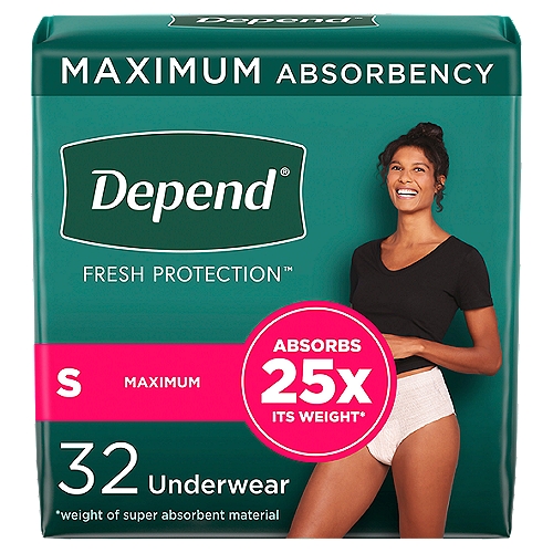 Protect against bladder leaks with Depend Fresh Protection Adult Incontinence Underwear for Women with Maximum Absorbency for all day protection guaranteed*. Leaks don't stand a chance thanks to a super absorbent core which absorbs 25x its weight, turns liquid into gel, and neutralizes odors. Our technology features a liner that keeps you dry throughout the day by wicking wetness away from your skin. Comfortably live your life with incontinence underwear that features a discreet fit, soft and smooth fabric, and a SureFit waistband helps keep underwear securely in place. Find your fit with five sizes—small (24-30" waist), medium (31-37" waist), large (38-44" waist), extra-large (45-54" waist) and extra-extra-large (55-64" waist)—in a stylish blush color. Depend incontinence products for bladder leaks and postpartum bladder leaks are also HSA/FSA-eligible in the U.S. Also, check out our Depend Night Defense Adult Incontinence Underwear for Women to protect against nighttime bladder leaks and postpartum bladder leaks! *If you're not completely satisfied with the fit of your Depend incontinence underwear, we can help. Purchase by 12/31/24. Mail in by 1/31/25. Online access required. Limit 1 per household. Original receipt/UPC required. Restrictions apply. See Depend website for details.

NEW LOOK: Depend Fresh Protection Incontinence Underwear for Women, small (24-30" waist), 32 count; same trusted protection, improved; HSA/FSA-eligible in the U.S.—packaging may vary.
Maximum Absorbency: All day protection against heavier bladder leaks—Depend for Women features a super absorbent core which absorbs 25x its weight and turns liquid into gel.
2x Drier Than Before: Depend's improved liner wicks wetness away from your skin to keep you dry all day.
Odor Control: Our incontinence underwear neutralizes and locks in odors by turning liquid into gel.
Discreet Fit: Features a soft, smooth fabric and a high-performance waistband to keep your underwear securely in place, unlike bulky adult diapers.