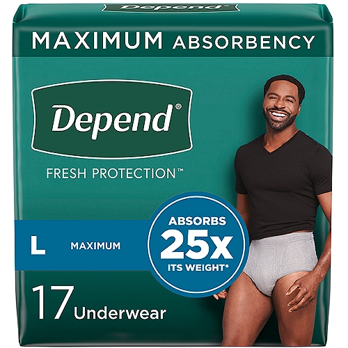 Depend Fit-Flex Incontinence Maximum Absorbency Grey Underwear for Men, L, 17 Count
Depend Fit-Flex Men's Incontinence Underwear keeps you protected from bladder leaks with DryShield Technology, providing you all day comfort, guaranteed.* Absorbent material instantly locks in wetness and odors, providing long lasting dryness and a more comfortable** experience. Designed with the SureFit waistband to help keep it in place and form-fitting elastic strands to provide a discreet fit under clothing, unlike bulky adult diapers. This disposable underwear is available in a masculine grey color. Unscented underwear is soft, quiet and breathable. Depend FIT-FLEX for Men with Maximum Absorbency is available in four sizes: size small/medium (26-34'' waist), size large (35-43'' waist), size extra-large (44-54'' waist), size extra-extra large (55-64'' waist). HSA/FSA-eligible in the U.S. *If you're not completely satisfied with the fit of your Depend Underwear, we can help. Original receipt/UPC required. Restrictions apply. See Depend website for details. Purchase by 12/31/24. Mail in by 1/31/25.**vs. the leading bargain brand