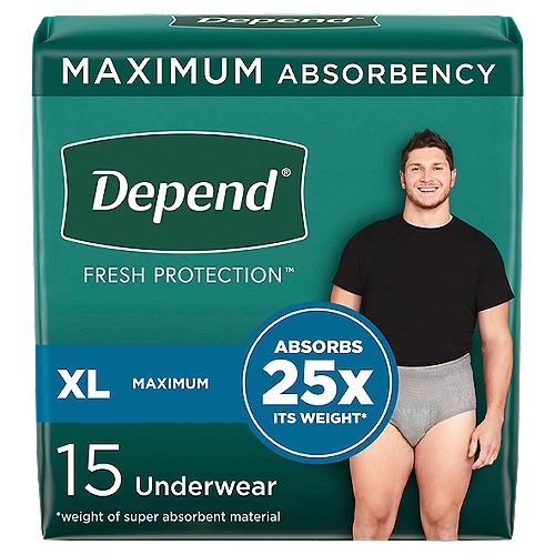 Depend Fit-Flex Maximum Absorbency Underwear for Men, XL, 15 count
Depend Fit-Flex Men's Incontinence Underwear keeps you protected from bladder leaks with DryShield Technology, providing you all day comfort, guaranteed.* Absorbent material instantly locks in wetness and odors, providing long lasting dryness and a more comfortable** experience. Designed with the SureFit waistband to help keep it in place and form-fitting elastic strands to provide a discreet fit under clothing, unlike bulky adult diapers. This disposable underwear is available in a masculine grey color. Unscented underwear is soft, quiet and breathable. Depend FIT-FLEX for Men with Maximum Absorbency is available in four sizes: size small/medium (26-34'' waist), size large (35-43'' waist), size extra-large (44-54'' waist), size extra-extra large (55-64'' waist). HSA/FSA-eligible in the U.S. *If you're not completely satisfied with the fit of your Depend Underwear, we can help. Original receipt/UPC required. Restrictions apply. See Depend website for details. Purchase by 12/31/24. Mail in by 1/31/25.**vs. the leading bargain brand