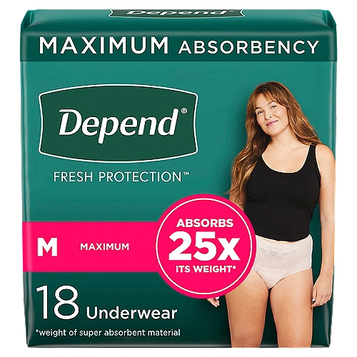 Depend Maximum Fit-Flex Underwear, 18 Count
Depend Fit-Flex Women's Incontinence Underwear is extremely soft, yet strong and keeps you protected from bladder leaks with DryShield Technology, providing you all day comfort, guaranteed.* Absorbent material instantly locks in wetness and odors, providing long lasting dryness and a more comfortable** experience. Designed with the SureFit waistband to help keep it in place and form-fitting elastic strands to provide a discreet fit under clothing, unlike bulky adult diapers. This disposable underwear is available in a beautiful blush color and three feminine designs. Unscented underwear is soft, quiet and breathable. Depend FIT-FLEX for Women with Maximum Absorbency is available in five sizes: (24-30'' waist), size medium (31-37'' waist), size large (38-44'' waist), size extra-large (45-54'' waist), size extra-extra-large (55-64'' waist). HSA/FSA-eligible in the U.S. *If you're not completely satisfied with the fit of your Depend Underwear, we can help. Original receipt/UPC required. Restrictions apply. See Depend website for details. Purchase by 12/31/24. Mail in by 1/31/25.**vs. the leading bargain brand