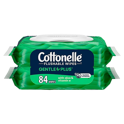 Get the superior performance and softness you've been waiting for with Cottonelle GentlePlus Flushable Wet Wipes with Aloe & Vitamin E, designed to leave you comfortably dry. The extra soft cleaning ripples are safe for sensitive skin and clean gently while removing moisture. Cottonelle is septic-safe and clog-free. Each pack has 42 flushable wet wipes per pack so you can worry less about running out when you or guests at your home need it most. Looking for more ways to feel clean down there after taking care of business? Use Cottonelle toilet paper to feel shower fresh. Conveniently remain stocked on flushable wipes by ordering Cottonelle for delivery to your door or pickup curbside. Cottonelle cares about you and our planet. We are proud to be FSC certified ensuring the forests we source from are responsibly managed to prevent deforestation and help protect the trees and animals that depend on them. We also use fibers that are 100% plant-based and no harsh chemicals or dyes.