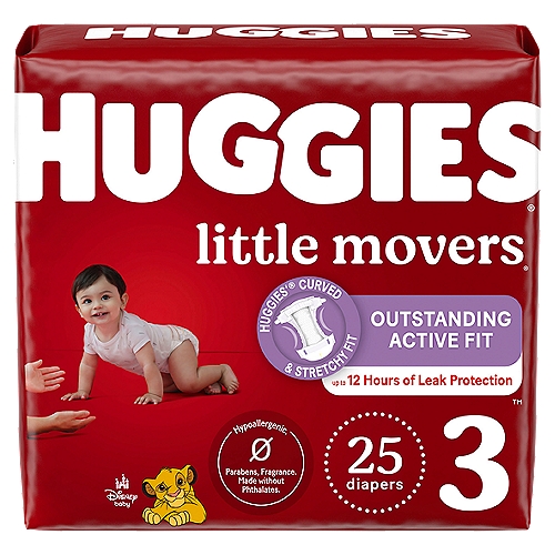 As the #1 Best Fitting Diaper, Huggies Little Movers Baby Diapers are designed for active babies. Each diaper is extra soft and contoured around the legs to help provide red-mark free, gentle protection. Our Huggies diapers absorb 99% wetness on contact and are made with a fast-absorbing DryTouch Liner. These diapers also come with Double Grip Strips that hold the diaper in place. A wetness indicator signals when your baby is ready for a diaper change. (*Wet Fit, Among Branded Open Diapers)