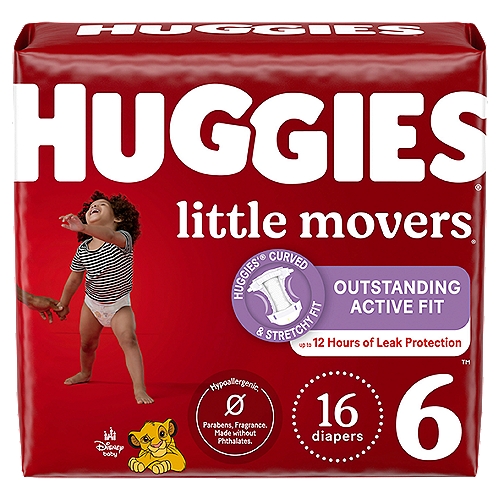 Huggies Little Movers Baby Diapers, Size 6, 16 Ct
Our perfect Fitting Diaper™

Our #1 Fitting Diaper,* Huggies Little Movers Diapers are designed for active babies! Little Movers baby diapers feature a contoured shape and SnugFit Waistband that helps eliminate gaps at the legs & waist. Double Grip Strips hold the diaper in place and help prevent sagging while crawling, walking & running. Huggies' DryTouch liner absorbs wetness on contact to help keep skin clean & healthy, while the absorbent Leak Lock System helps eliminate leaks for up to 12 hours of protection. Little Movers now feature Huggies' Pocketed Waistband to help prevent diaper blowouts (NB-Size 2). Plus wetness indicator let's you know when baby is ready for a diaper change. They also include a SizeUp indicator, so you'll know when it's time for baby to move up to the next size. Little Movers disposable baby diapers are hypoallergenic, fragrance free, lotion free, paraben free, and free of elemental chlorine & natural rubber latex. Featuring exclusive Disney Lion King designs, Little Movers Diapers are available in size 3 (16-28 lb.), size 4 (22-37 lb.), size 5 (27+ lb.), size 6 (35+ lb.) and size 7 (41+ lb.). Join Huggies Rewards+ Powered by Fetch to get rewarded fast. Earn points on Huggies diapers and wipes, in addition to thousands of other products to redeem for hundreds of gift cards. Download the Fetch Rewards app to get started today! (*Wet Fit, Among Open Diapers)