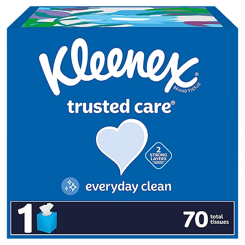 Kleenex Trusted Care 2-Ply Tissues, 70 count
America's favorite tissue, Kleenex Trusted Care is perfect for everyday sniffles, sneezes and even little drips or spills! Whether you're looking for a box for your home or office, with Kleenex Trusted Care Facial Tissues, you get 1 cube box of 70 tissues, so you have plenty of single tissues for any occasion. Designed for runny noses and watery eyes, our dye-free, soft and strong tissue is thick and absorbent to keep hands clean. Plus, you can find tissue boxes that fit your home because each tissue box is available in various colors and designs. Got the sniffles? Soothe that runny nose with a box of Kleenex Soothing Lotion or Kleenex Ultra Soft facial tissues. 