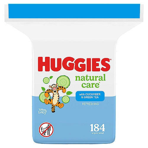 Huggies Natural Care Refreshing with Cucumber & Green Tea Wipes, 184 countnHuggies Natural Care Refreshing Baby Wipes are hypoallergenic, dermatologist-tested and pH-balanced for your baby's delicate skin. Containing no harsh ingredients, these plant-based baby wipes are infused with cucumber and green tea, offering a more refreshing clean. The unique base sheet easily absorbs, locks in and retains messes to support clean and healthy skin. They're also free of lotions, alcohol, parabens and elemental chlorine and do not contain phenoxyethanol or MIT. (*70%+ by weight)