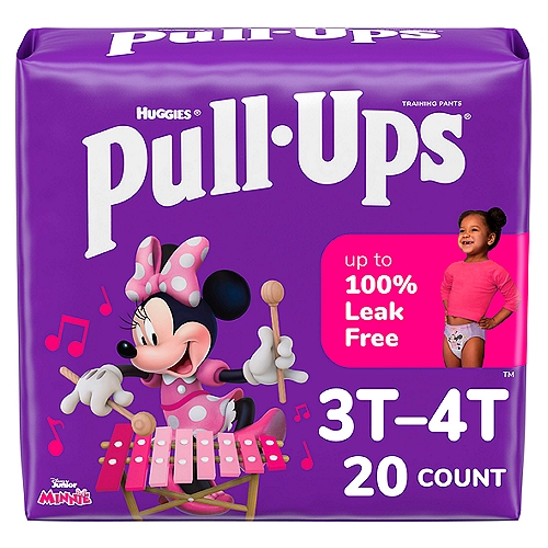 Huggies Pull-Ups Girls' Potty Training Pants, Size 5, 3T-4T, 20 count
Pull-Ups Training Pants help make potty training Fun, Fast and Easy! Pull-Ups provide outstanding protection & all-around coverage with soft stretchy sides that fit like underwear. These training pants feature easy open sides for quick and easy changes, allowing you to keep pants and shoes on your toddler. Plus the adjustable sides let you customize your child's waistband & easily check for messes! Promote independence with training underwear that are easy to slide up & down, encouraging your toddler to feel like a Big Kid. Each pack includes two exclusive music designs featuring Disney's Minnie Mouse. Instrument graphics fade when wet to help motivate your child to stay dry! Tell the story of how Minnie Mouse loves making music & your child can help keep the music going! Making music with Minnie Mouse comes to life with interactive digital tools and fun extras like inside-the-box coloring mat or stickers. When your child is ready to begin her potty training journey the Pull-Ups brand can help. Visit pull-ups.com for expert potty training tips & resources. We've helped train 60 million Big Kids and counting!* Pull-Ups Girls' Training Pants are available in sizes 2T-3T (18-34 lb.), 3T-4T (32-40 lb.) and 4T-5T (38-50 lb.). (*US & CA)