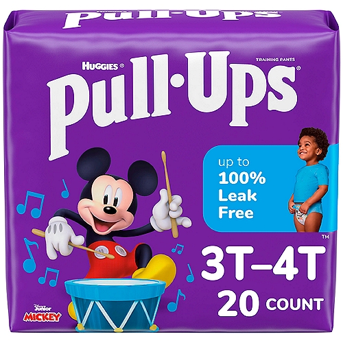 Huggies Pull-Ups Training Pants, 3T-4T, 32-40 lbs, 20 countnPull-Ups Potty Training Pants are made with soft and breathable materials to be extra comfy during the day. They are also flexible, with an underwear-like fit. Plus, our potty training pants provide all-around coverage and feature stretchy sides that your toddler can easily move up and down. With the adjustable sides, you can customize the waistband and check for messes. Enjoy exclusive Disney Mickey Mouse designs, with graphics that fade when wet to help motivate your child to stay dry.
