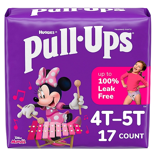 Huggies Pull-Ups Training Pants, 4T-5T, 38-50 lbs, 17 countnPull-Ups Potty Training Pants are made with soft and breathable materials to be extra comfy during the day. They are also flexible, with an underwear-like fit. Plus, our potty training pants provide all-around coverage and feature stretchy sides that your toddler can easily move up and down. With the adjustable sides, you can customize the waistband and check for messes. Enjoy exclusive Disney Minnie Mouse designs, with graphics that fade when wet to help motivate your child to stay dry.