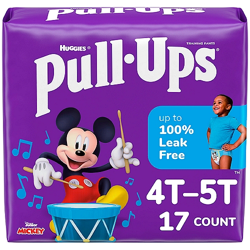 Huggies Pull-Ups Training Pants, 4T-5T, 38-50 lbs, 17 countnPull-Ups Potty Training Pants are made with soft and breathable materials to be extra comfy during the day. They are also flexible, with an underwear-like fit. Plus, our potty training pants provide all-around coverage and feature stretchy sides that your toddler can easily move up and down. With the adjustable sides, you can customize the waistband and check for messes. Enjoy exclusive Disney Mickey Mouse designs, with graphics that fade when wet to help motivate your child to stay dry.