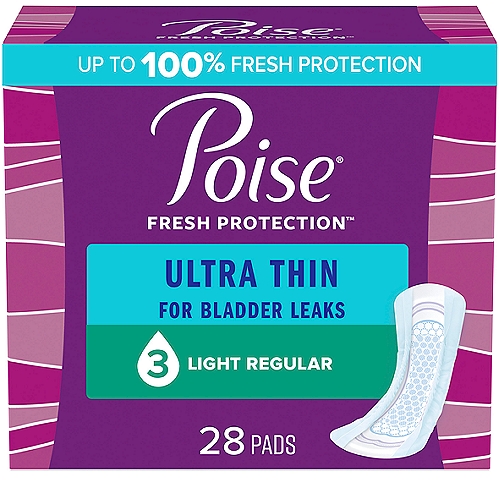 Say goodbye to discomfort from bladder leaks and hello to Poise Ultra Thin Pads, our thinnest incontinence pad, designed for your comfort and protection. Poise incontinence pads for women are made specifically for bladder leaks unlike period pads, which are meant for menstrual needs. In fact, Poise pads keep you 10x drier compared to the leading period pad. They absorb bladder leaks, lock away wetness, neutralize odors and are made with breathable materials that help eliminate dampness, so you feel clean and fresh too! Poise bladder control pads are discreet and fit securely in your underwear. Poise incontinence pads are available in light, moderate, maximum, and ultimate absorbencies. For lighter absorbency needs, check out Poise Daily Liners. Shop for Poise discreetly by having it shipped directly to your door or pick up curbside. Poise adult incontinence products are HSA/FSA-eligible in the U.S. *Satisfaction guaranteed or your money back: Online access required. Limit 1 per household. Original receipt/UPC required. Restrictions apply. See Poise website for details.

NEW LOOK, same great protection: Poise Ultra Thin Incontinence Pads, Light Absorbency, Regular Length, 28 pads; HSA/FSA-eligible in the U.S. (packaging may vary).
Absorbent: helps you avoid leaks with Light absorbency bladder control pads featuring up to 100% Clean Dry Fresh Protection, guaranteed*.
Stay Dry: remain comfortable throughout the day and help keep wetness away from your skin with our thinnest protection—it keeps you 10x drier than the leading period pad.
Odor Control: always wear Poise discreetly and confidently knowing it instantly locks away wetness and odor.
Thin and Comfortable: thin and flexible allows it to hold its shape.