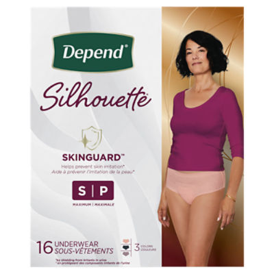Depend Silhouette Adult Incontinence and Postpartum Underwear for Women,  Small (26–34 Waist), Maximum Absorbency, Black/Pink/Berry, 16 Count 