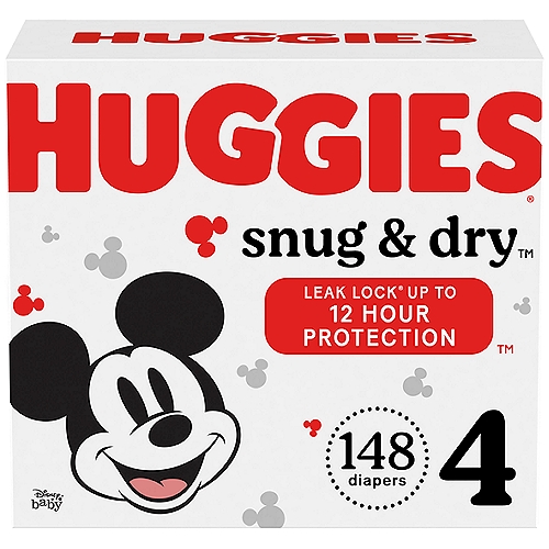 Huggies Snug & Dry Baby Diapers, Size 4, 148 Ct
Unbeatable protection†
†vs. a value brand

Huggies Snug & Dry Baby Diapers give baby up to 12 hours of long-lasting protection with our trusted Leak Lock System. Featuring new and improved leakage protection,* Snug & Dry absorbs wetness in seconds and helps separate moisture from baby's sensitive skin. Snug & Dry baby diapers have a contoured shape for better leakage protection while baby is sleeping, crawling and walking. They also come with a wetness indicator that changes from yellow to blue when baby is ready for a diaper change. Snug & Dry disposable diapers are hypoallergenic, fragrance free and free of parabens, elemental chlorine & natural rubber latex. Featuring fun Disney Mickey Mouse designs, Snug & Dry Diapers are available in sizes Newborn (up to 10 lb.), 1 (8-14 lb.), 2 (12-18 lb.), 3 (16-28 lb.), 4 (22-37 lb.), 5 (27+ lb.) and 6 (35+ lb.). Join Huggies Rewards+ Powered by Fetch to get rewarded fast. Earn points on Huggies diapers and wipes, in addition to thousands of other products to redeem for hundreds of gift cards. Download the Fetch Rewards app to get started today! (*sizes 3-6)