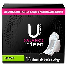 U by Kotex Balance Sized for Teens Ultra Thin Pads with Wings, Extra Absorbency