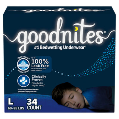 Goodnites Boys' Nighttime Bedwetting Underwear, Size Large (68-95 lbs), 34  Ct - ShopRite