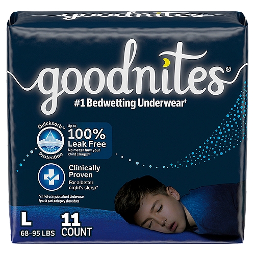 Goodnites Boys Nighttime Underwear, Fits Sizes 10-12, L, 68-95 lbs, 11 count
Keep your child dry and worry free with the #1 Nighttime Underwear* for bedwetting. Goodnites provide our best fit and protection guaranteed** for kids age 3 and up. These disposable bedwetting pants feature 5 Layer Protection to absorb & lock away wetness and reinforced, Double Leg Barriers to help eliminate leaks. Our most comfortable nighttime protection, Goodnites also feature a super stretchy waistband for an underwear like fit that accommodates all body shapes. Unlike training pants, Goodnites bedwetting underwear discreetly absorb odor and offer 40% more protection vs. the leading training pant. Plus, your child will love going to bed wearing his favorite Marvel superhero designs. Goodnites Boys' Bedwetting Underwear offer more sizes for a comfortable, tailored fit up to 140+ lb. and are available in Size XS (28-43 lb.), S/M (43-68 lb.), L (68-95 lb.), and XL (95-140+ lb.) FSA/HSA-eligible in the U.S. (*Youth Pant category share data) (**See Goodnites website for details)